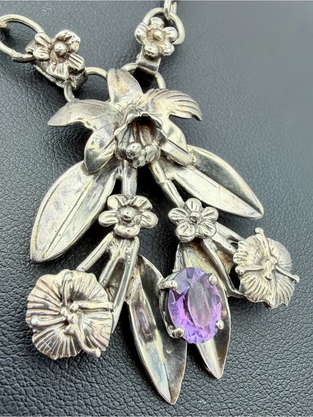 Vintage 925 Sterling Silver 1.25Ct Natural Amethyst Stone Orchid Floral Necklace